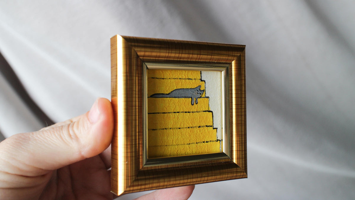 Miniature oil painting grey cat painting: Sleeping Gray Cat on Stairs, Framed Original Art (2x2 in)