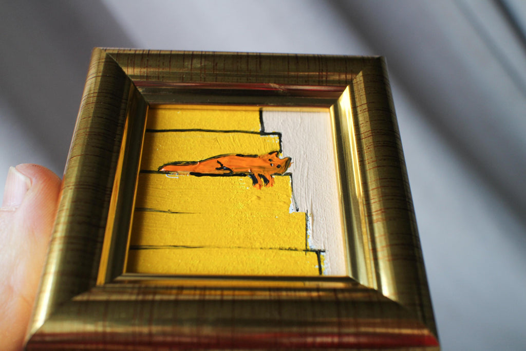 Miniature Orange Cat sleeping on the stairs Oil Painting: Handmade Framed Art (2x2 in)