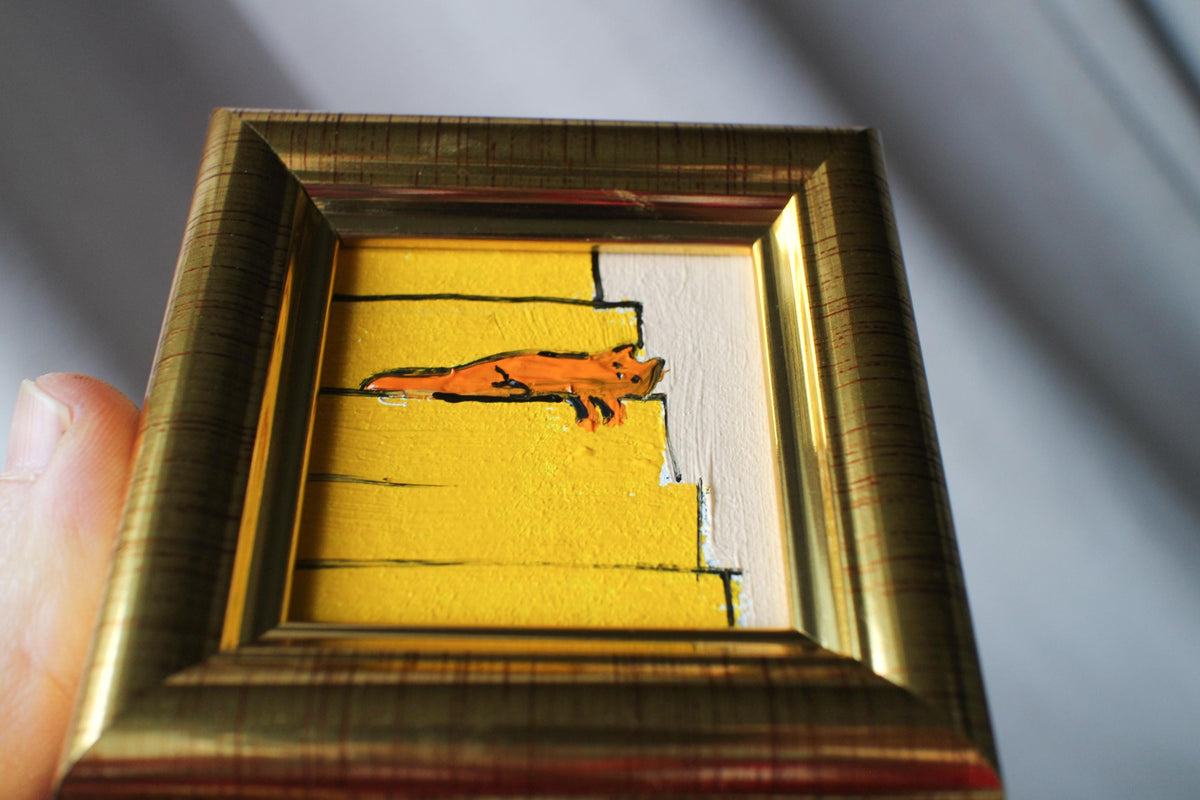 Miniature Orange Cat sleeping on the stairs Oil Painting: Handmade Framed Art (2x2 in)