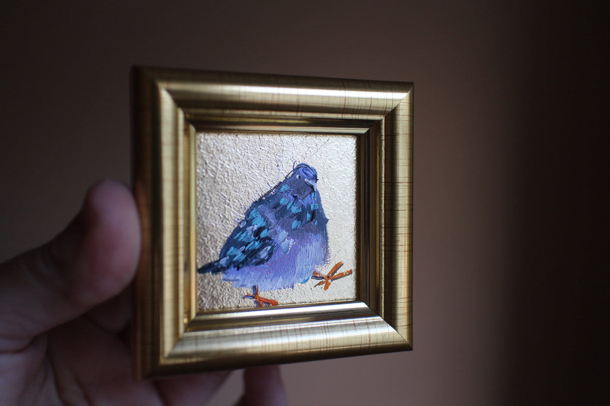 Pigeon Portrait Oil Painting: Gold Leaf Framed Dove Art 2x2