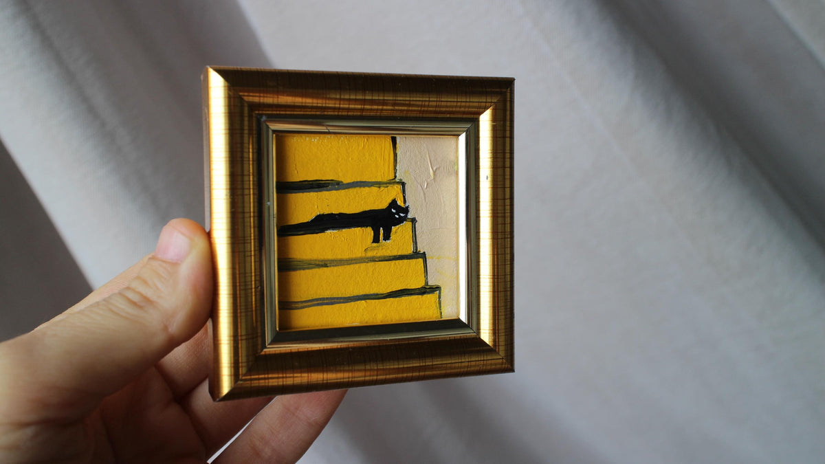 Mini painting a black cat is sleeping on the stairs oil framed 2x2 in