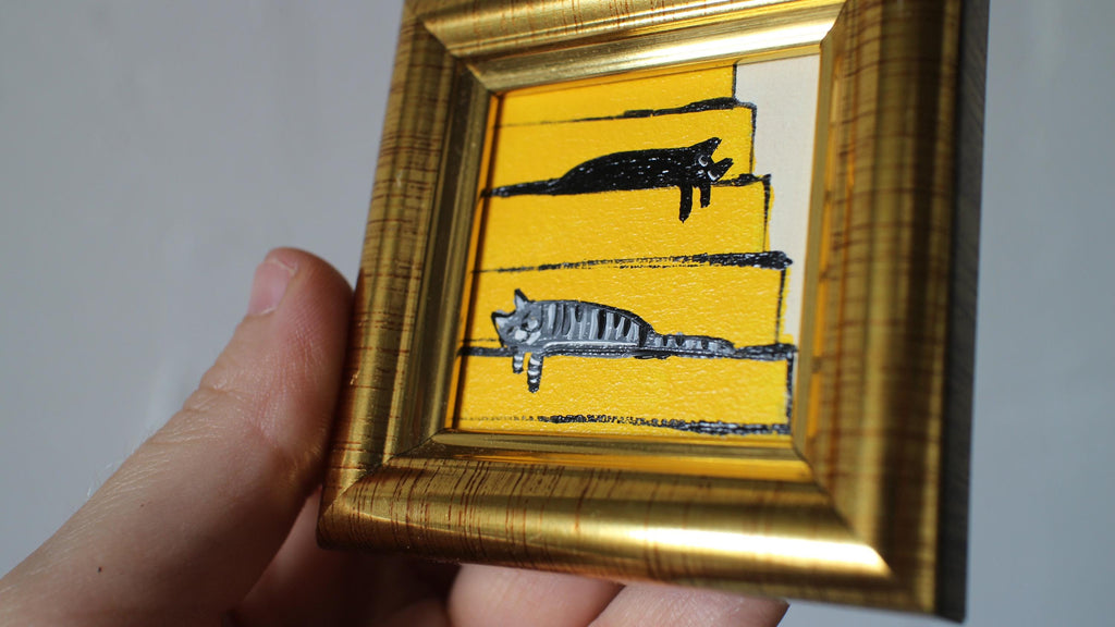 Miniature Cat Oil Painting: Gray Tabby & Black Cats sleeping on Stairs, Framed 2x2 in