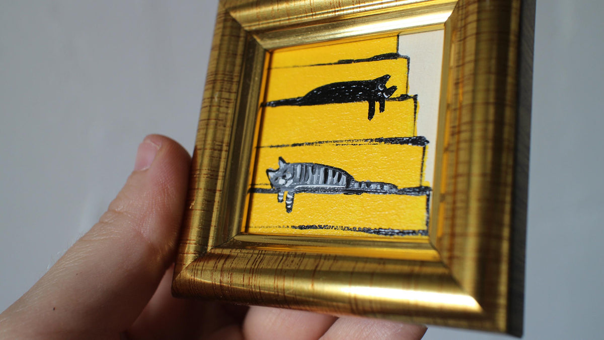 Miniature Cat Oil Painting: Gray Tabby & Black Cats sleeping on Stairs, Framed 2x2 in