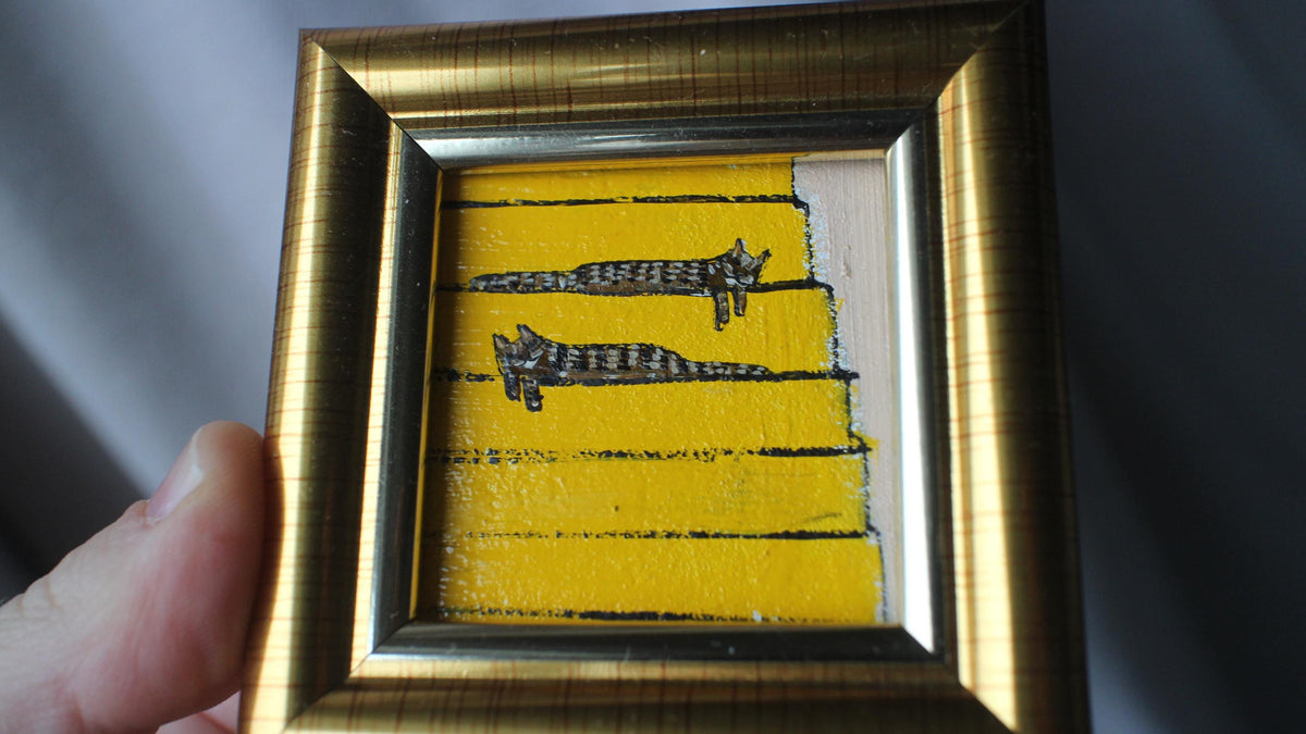 Miniature two Tabby Cats Oil Painting sleeping on Stairs, Framed 2x2 in