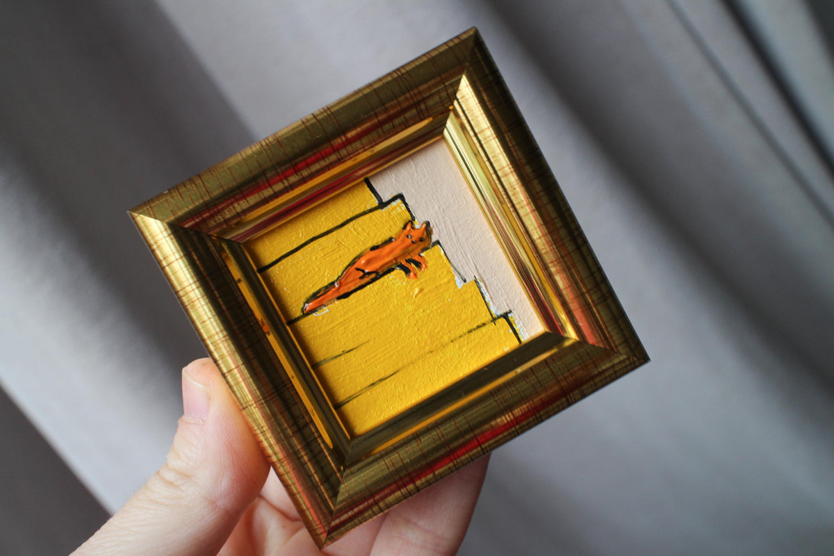 Miniature Orange Cat sleeping on the stairs Oil Painting: Handmade Framed Art (2x2 in)