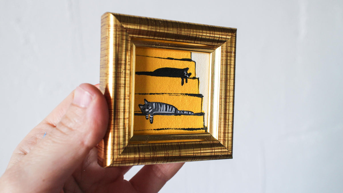 Miniature Cat Oil Painting: Gray Tabby & Black Cats sleeping on Stairs, Framed 2x2 in