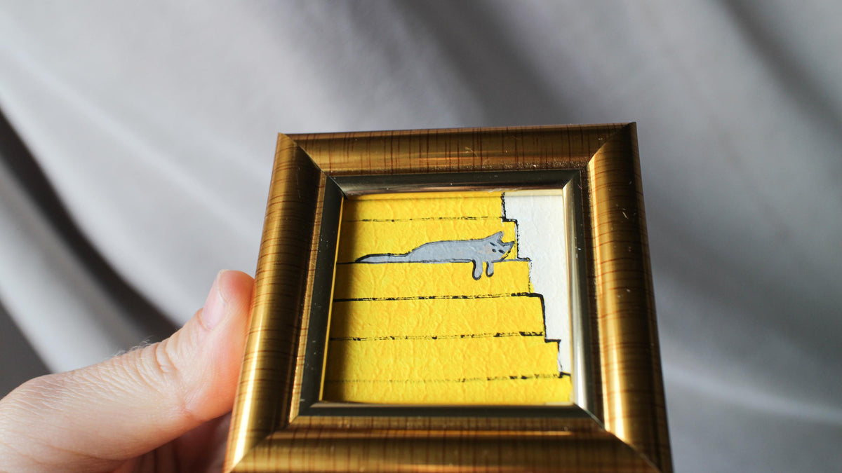 Miniature oil painting grey cat painting: Sleeping Gray Cat on Stairs, Framed Original Art (2x2 in)