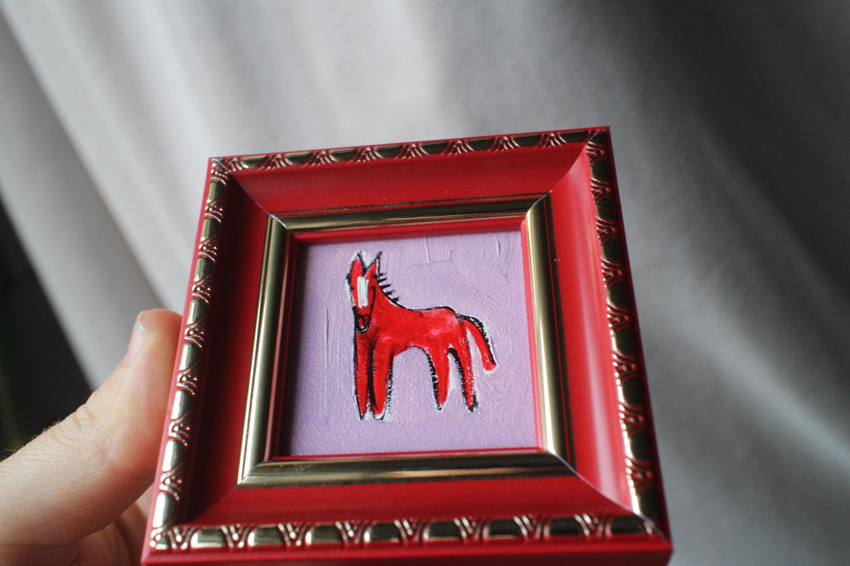 Red Fire horse miniature original oil painting framed 2x2