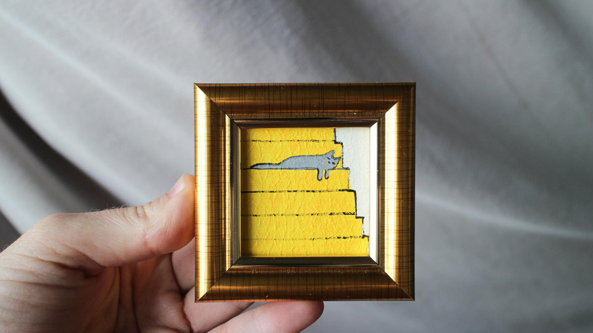 Miniature oil painting grey cat painting: Sleeping Gray Cat on Stairs, Framed Original Art (2x2 in)