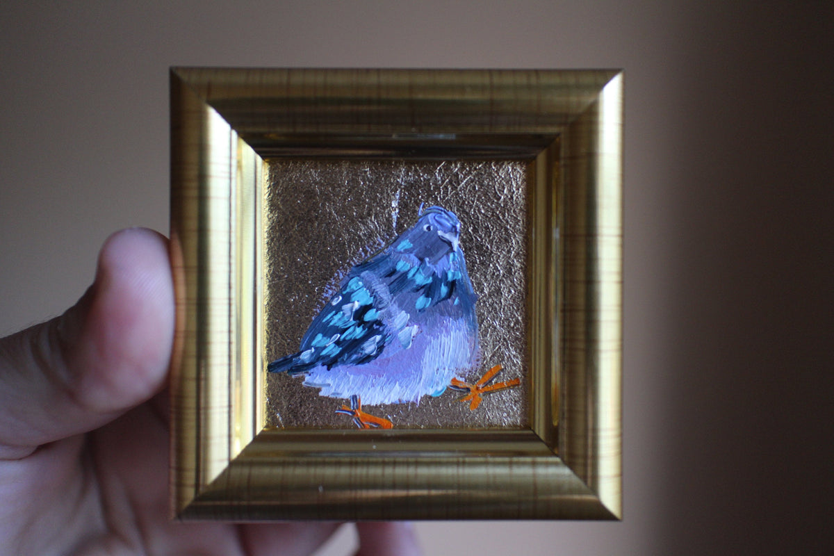 Pigeon Portrait Oil Painting: Gold Leaf Framed Dove Art 2x2