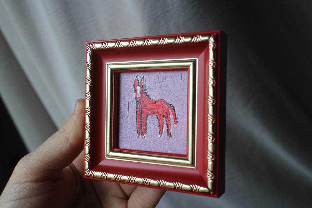Red Fire horse miniature original oil painting framed 2x2