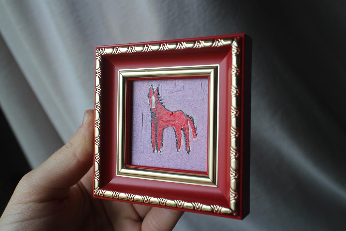 Red Fire horse miniature original oil painting framed 2x2