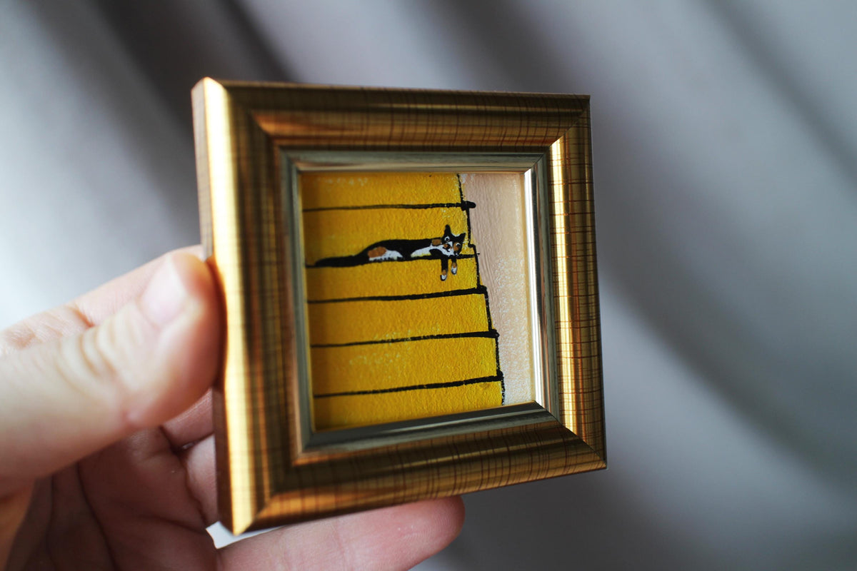 Mini painting a calico cat is sleeping on the stairs oil framed 2x2 in Original Handmade
