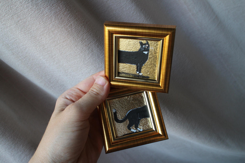 Black Cat Oil Painting With Gold Leaf: Original Framed Double Art 2x2