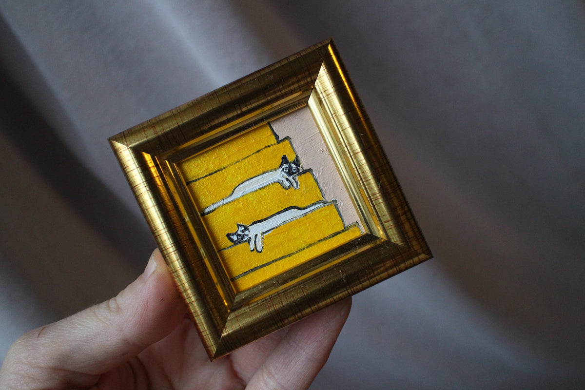 Miniature oil painting siamese cat oil painting two white cats on stairs framed 2x2