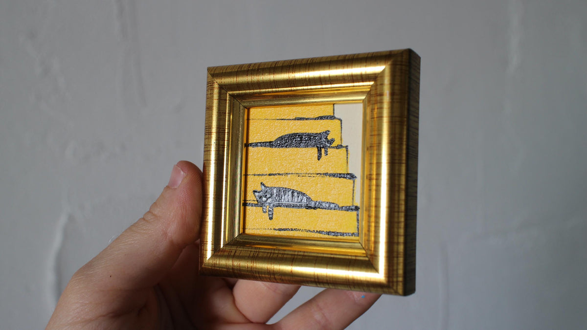 Miniature Cat Oil Painting: Gray Tabby & Black Cats sleeping on Stairs, Framed 2x2 in