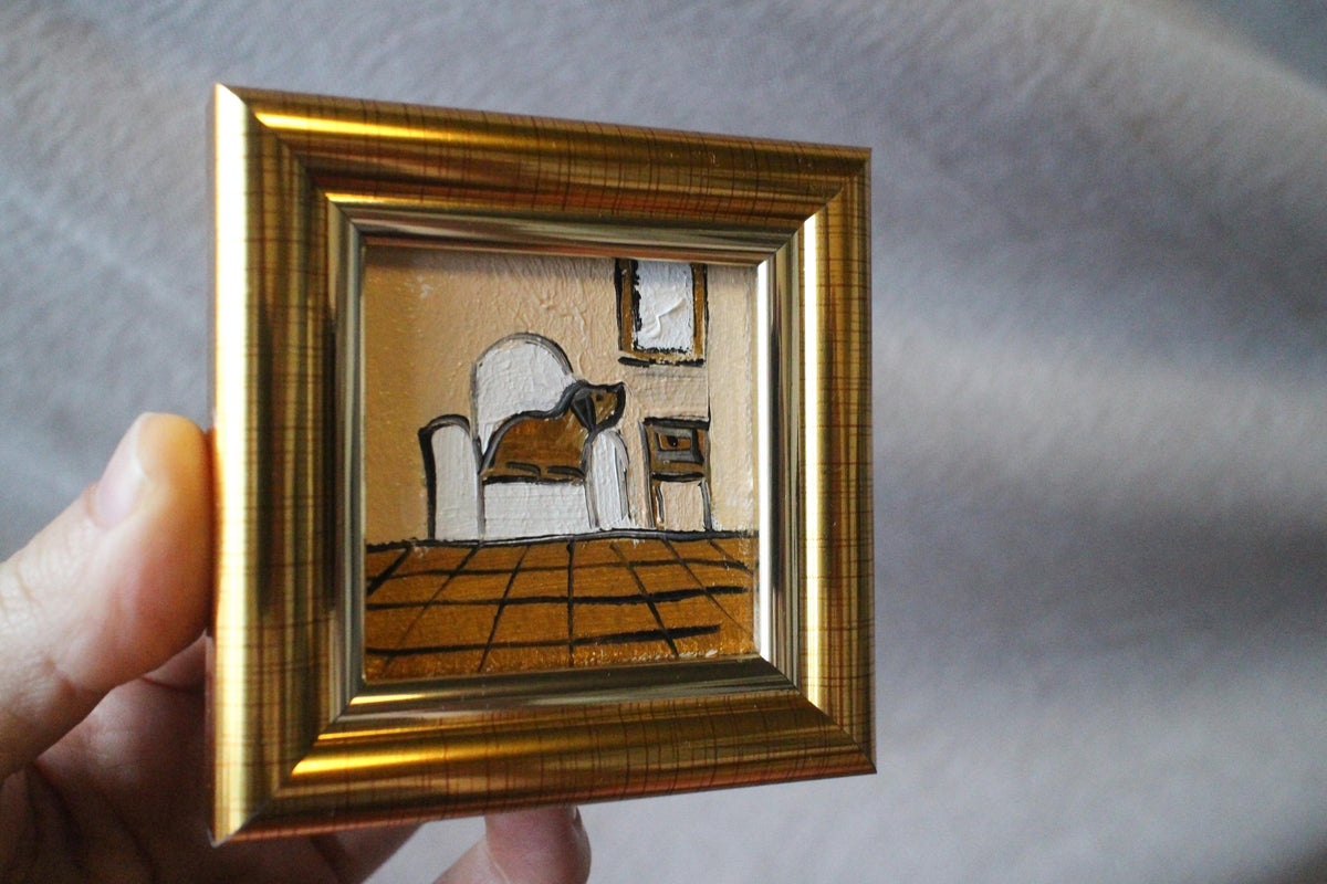 Framed brown Dog Oil Painting: Sleeping on the chair Puppy Portrait (2x2 in)