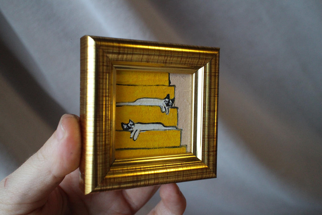 Miniature oil painting siamese cat oil painting two white cats on stairs framed 2x2