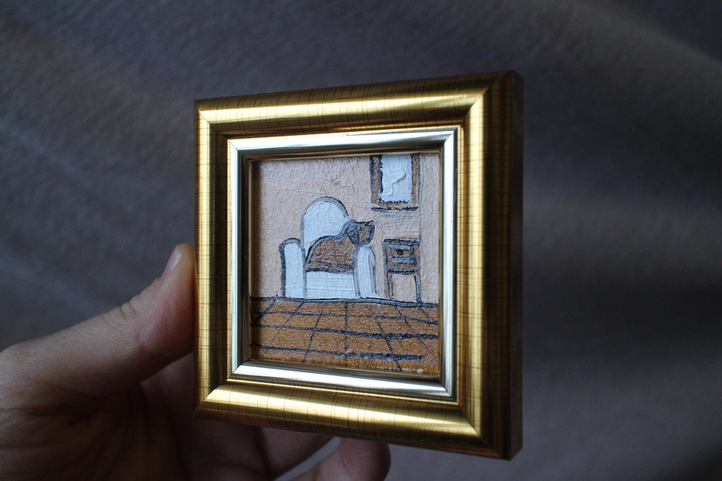Framed brown Dog Oil Painting: Sleeping on the chair Puppy Portrait (2x2 in)