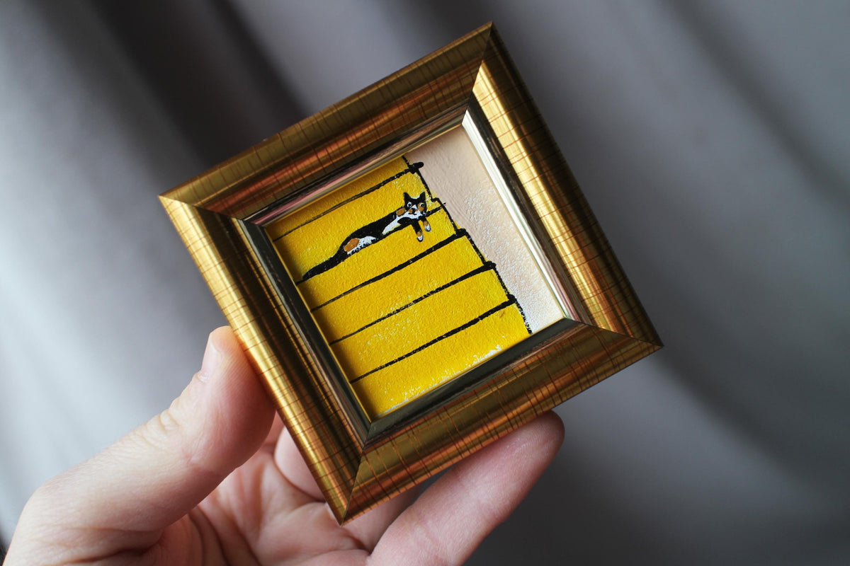 Mini painting a calico cat is sleeping on the stairs oil framed 2x2 in Original Handmade