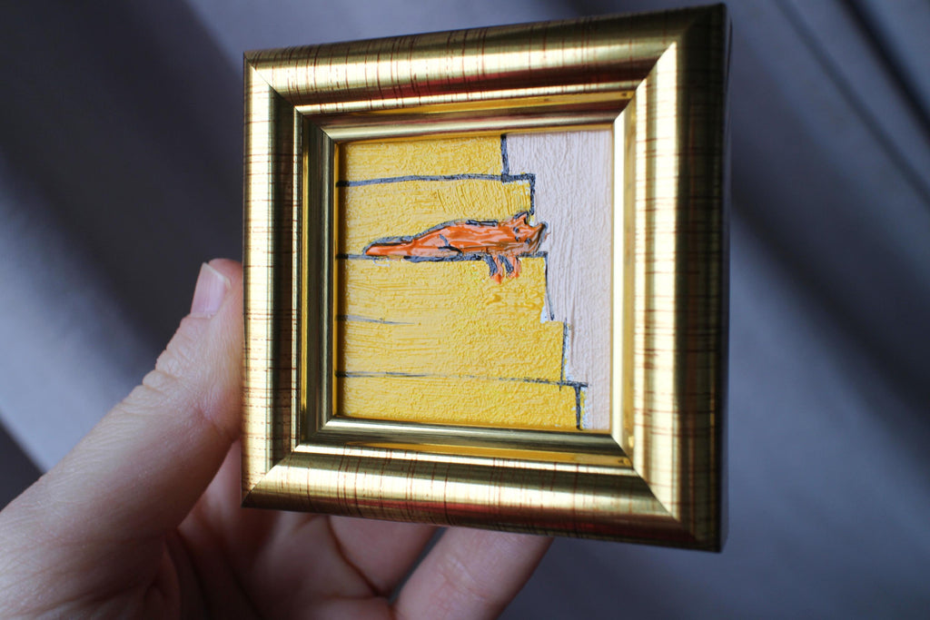 Miniature Orange Cat sleeping on the stairs Oil Painting: Handmade Framed Art (2x2 in)
