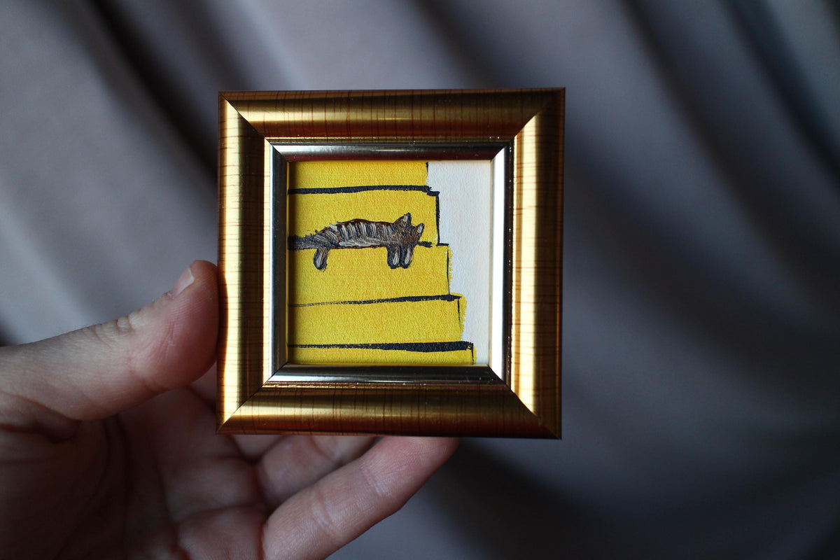 Miniature Tabby Cat is sleeping on the stairs Oil Painting: Framed Original Art (2x2 in)
