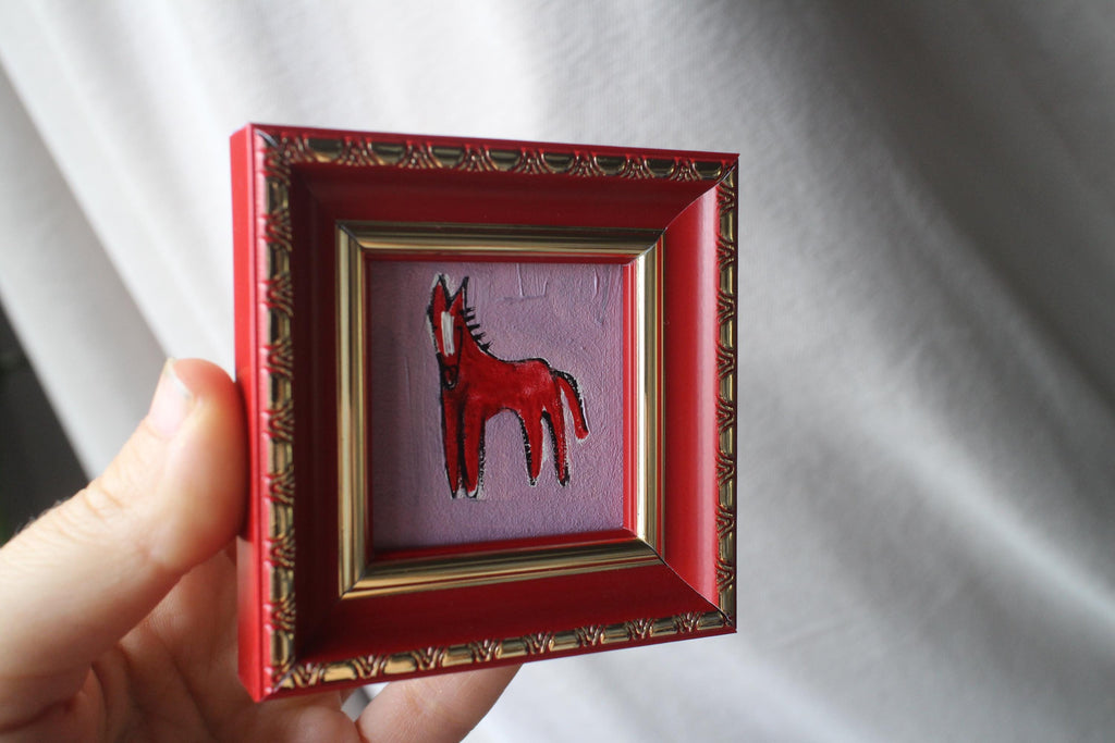 Red Fire horse miniature original oil painting framed 2x2