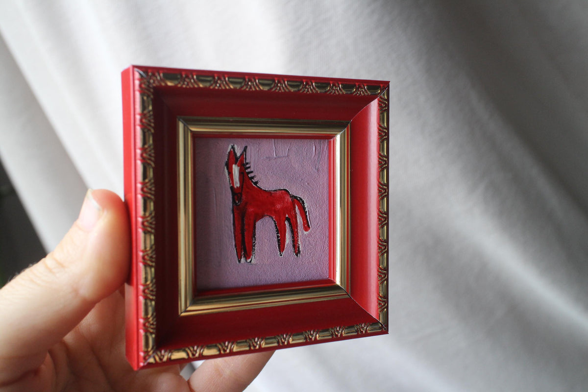 Red Fire horse miniature original oil painting framed 2x2