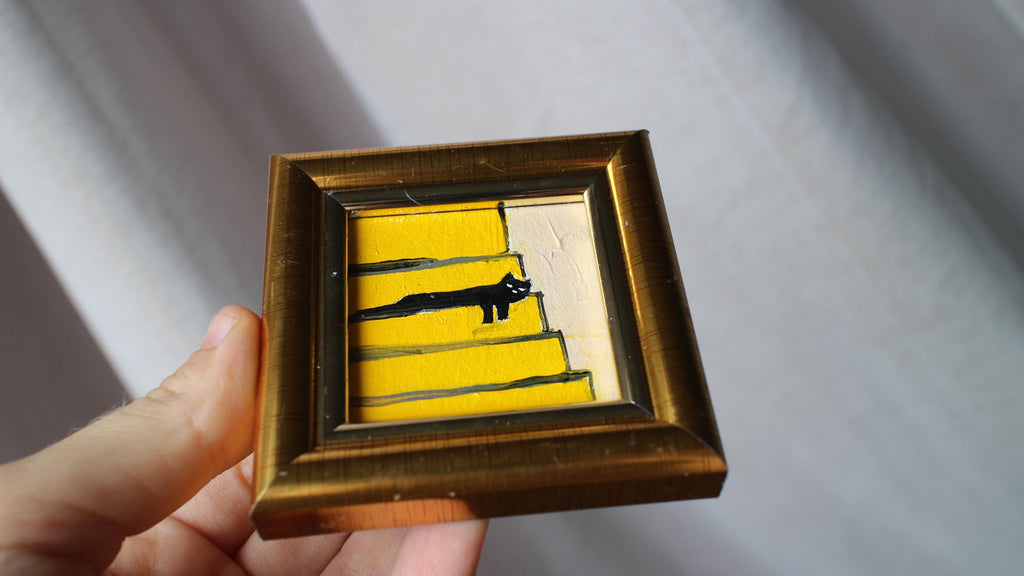 Mini painting a black cat is sleeping on the stairs oil framed 2x2 in