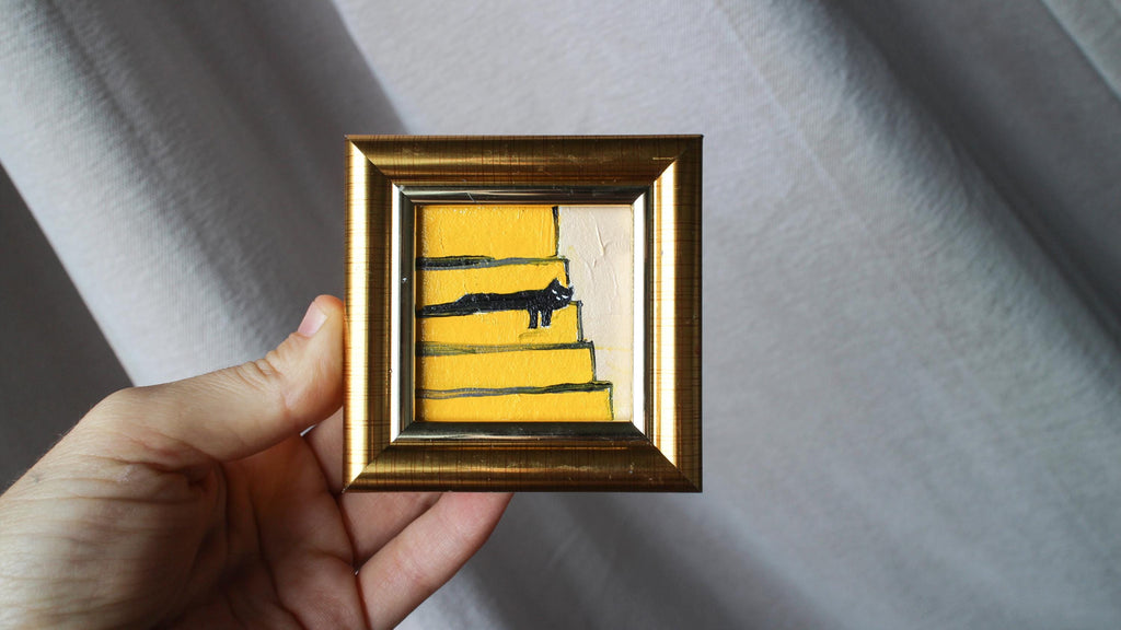 Mini painting a black cat is sleeping on the stairs oil framed 2x2 in