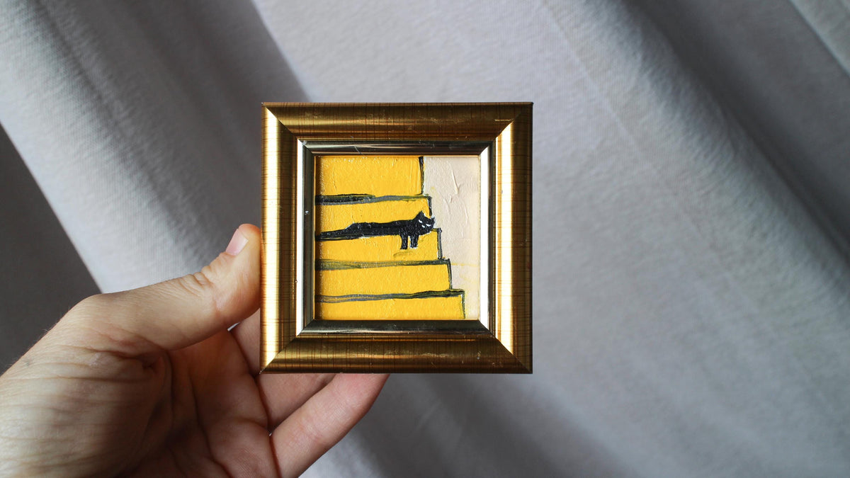 Mini painting a black cat is sleeping on the stairs oil framed 2x2 in