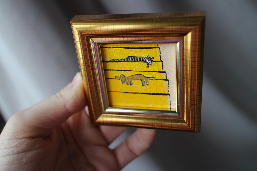 Framed tabby Cat and cream Dachshund Painting are sleeping on the stairs: Original Handmade Art (2x2 in)