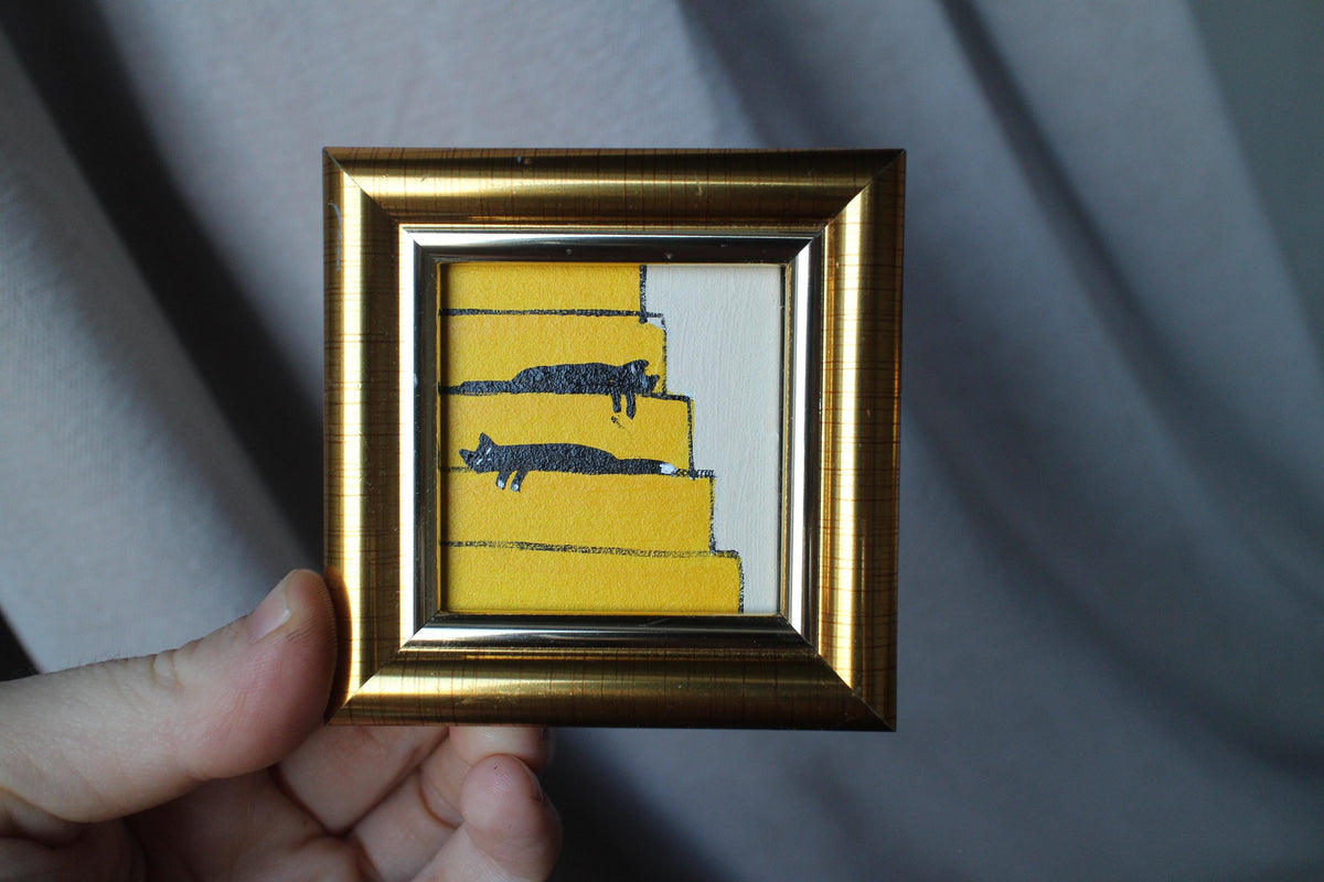 Miniature Black Cats Oil Painting: Framed Original Art (2x2 in)