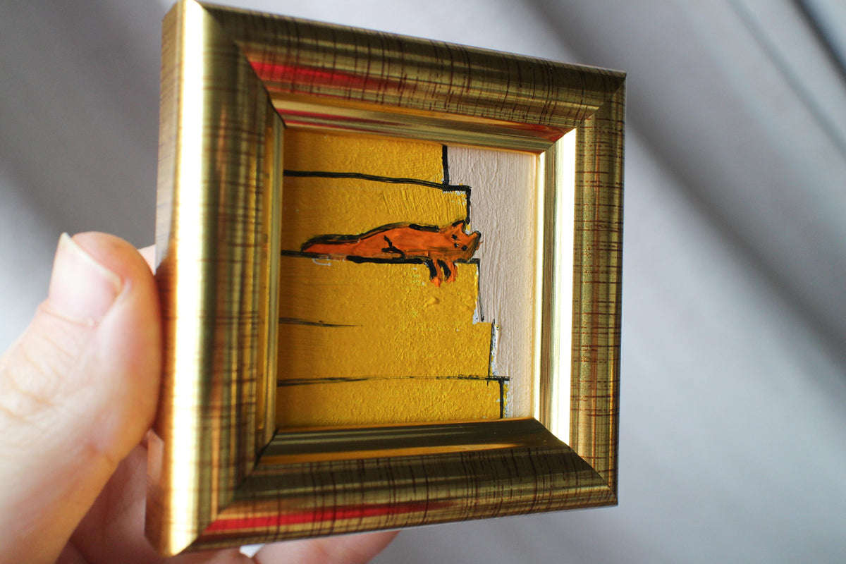 Miniature Orange Cat sleeping on the stairs Oil Painting: Handmade Framed Art (2x2 in)