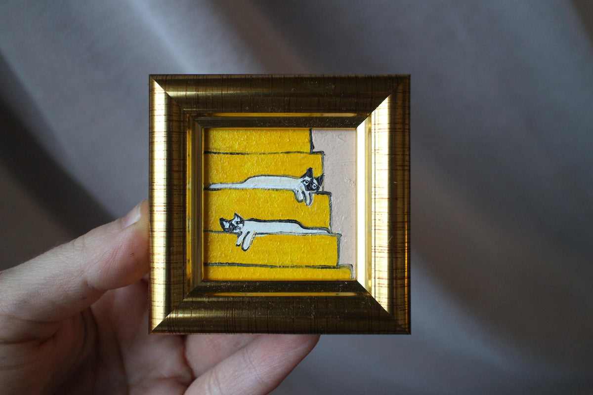Miniature oil painting siamese cat oil painting two white cats on stairs framed 2x2