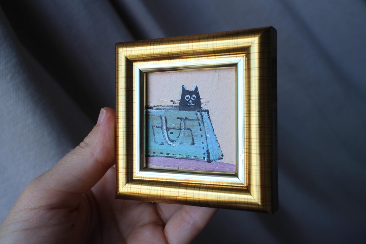Miniature Black Cat sitting a woman's blue bag Oil Painting (2x2 in)