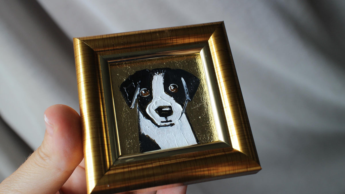 Jack Russell Terrier Oil Painting pet portrait with Gold Leaf Frame 2x2 original framed