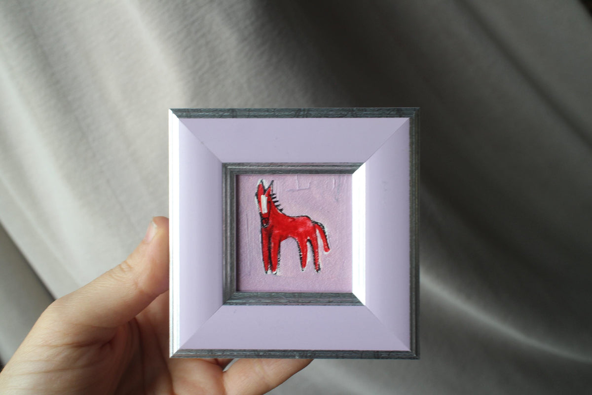 Red Fire horse miniature original oil painting framed 2x2