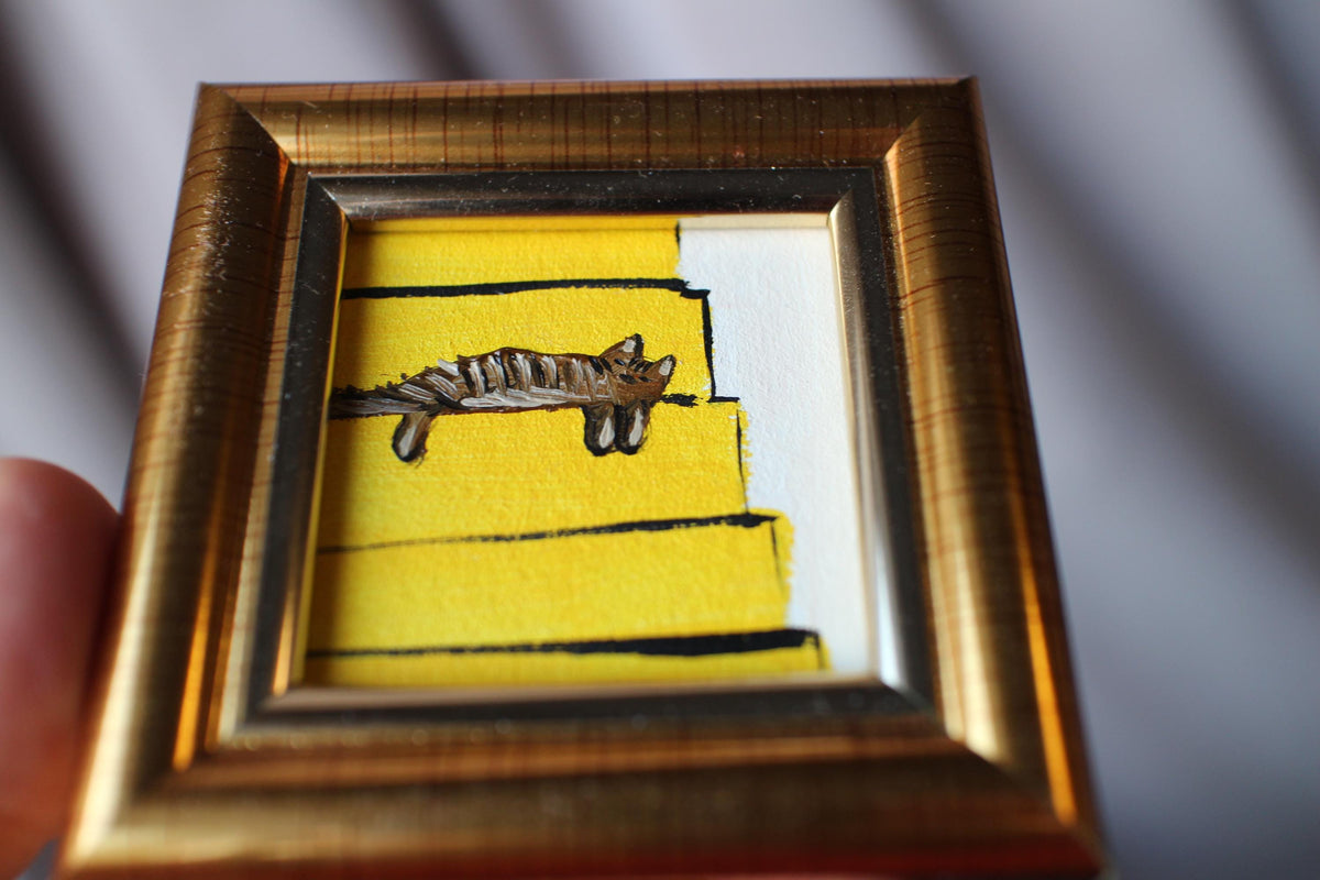 Miniature Tabby Cat is sleeping on the stairs Oil Painting: Framed Original Art (2x2 in)