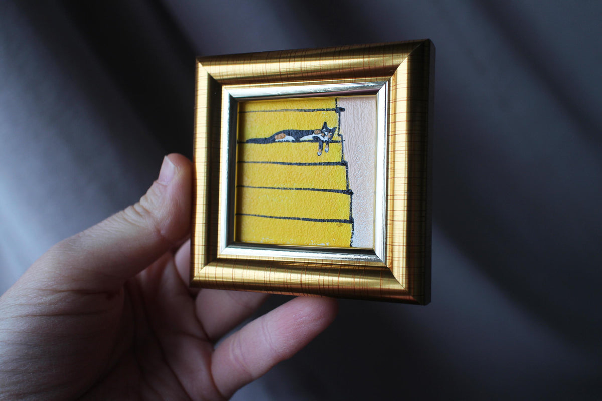 Mini painting a calico cat is sleeping on the stairs oil framed 2x2 in Original Handmade