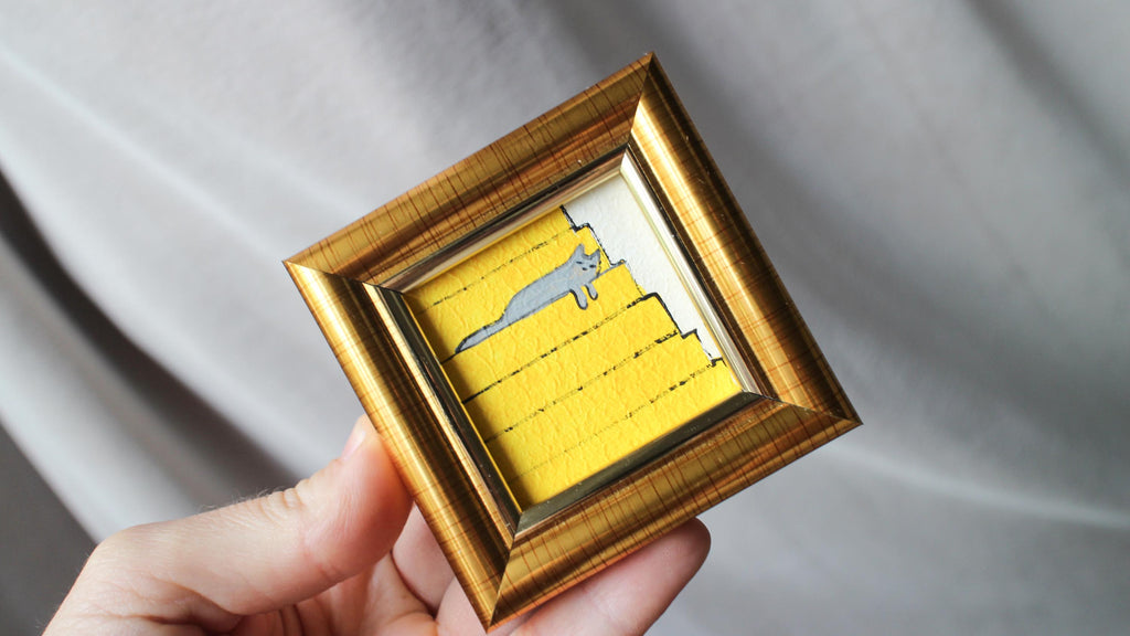 Miniature oil painting grey cat painting: Sleeping Gray Cat on Stairs, Framed Original Art (2x2 in)