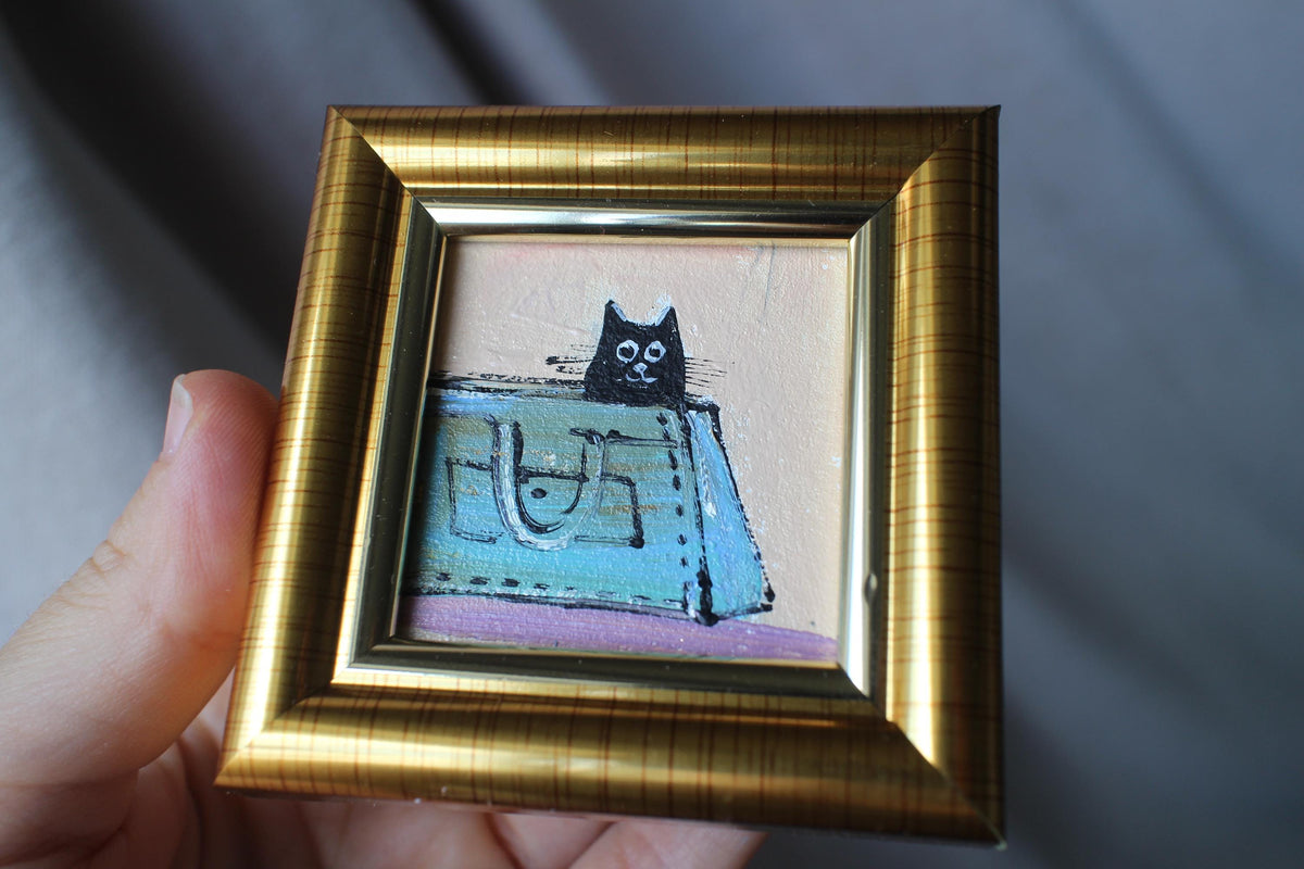Miniature Black Cat sitting a woman's blue bag Oil Painting (2x2 in)