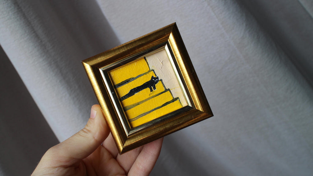 Mini painting a black cat is sleeping on the stairs oil framed 2x2 in