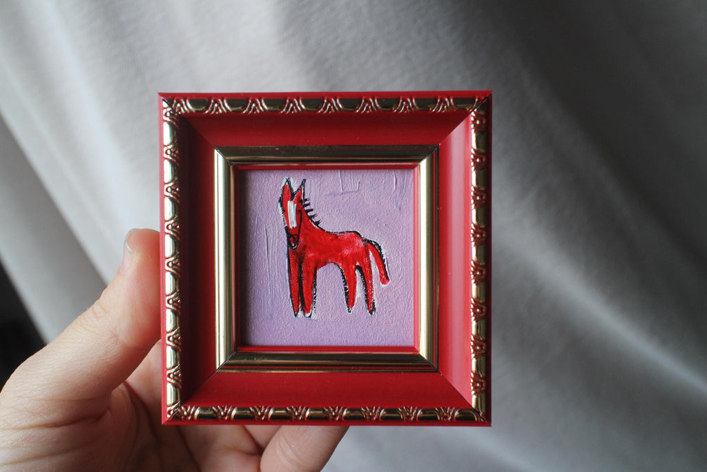 Red Fire horse miniature original oil painting framed 2x2