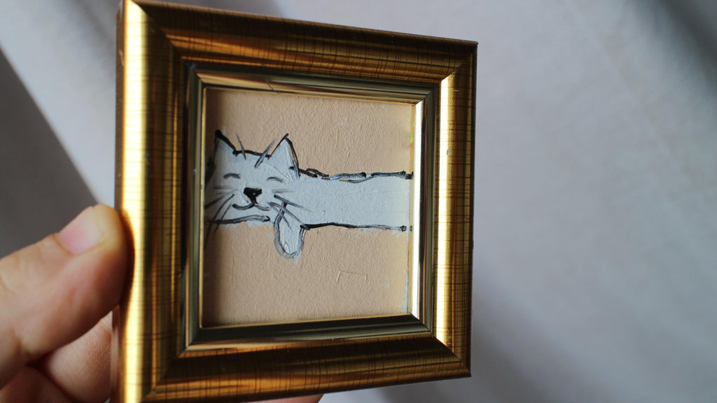 White Cat Sleeping Oil Painting: Original Framed Art (2x2 in)
