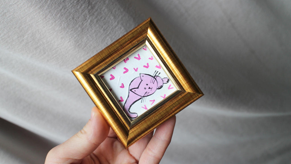 Mini Pink Cat hearts Oil Painting: Framed Original Art Valentine (2x2 in)