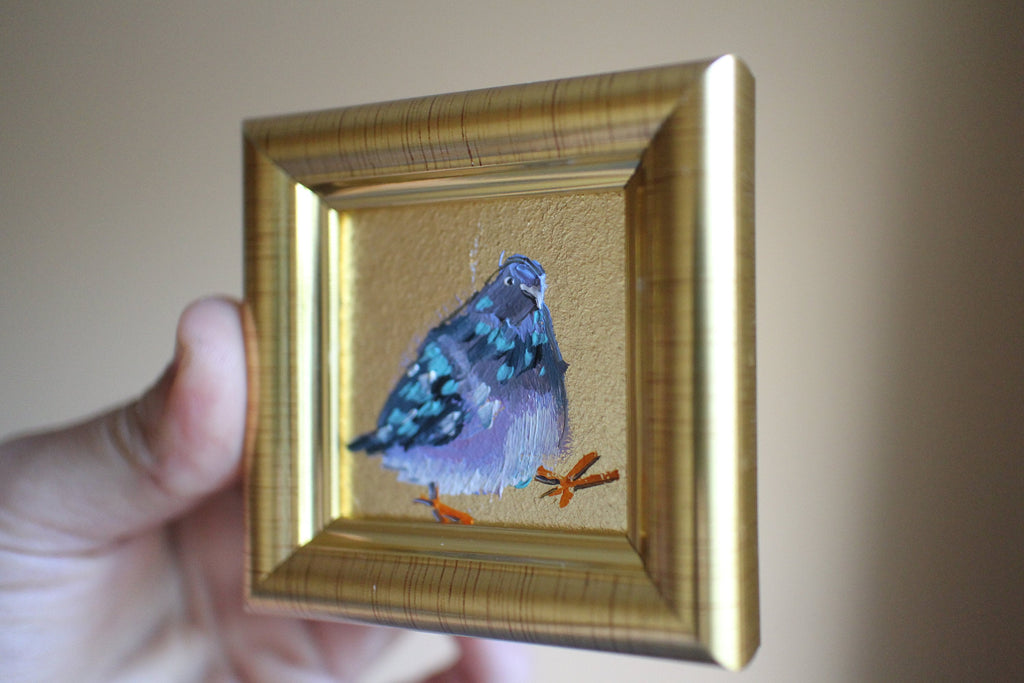 Pigeon Portrait Oil Painting: Gold Leaf Framed Dove Art 2x2