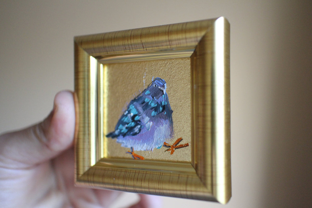 Pigeon Portrait Oil Painting: Gold Leaf Framed Dove Art 2x2