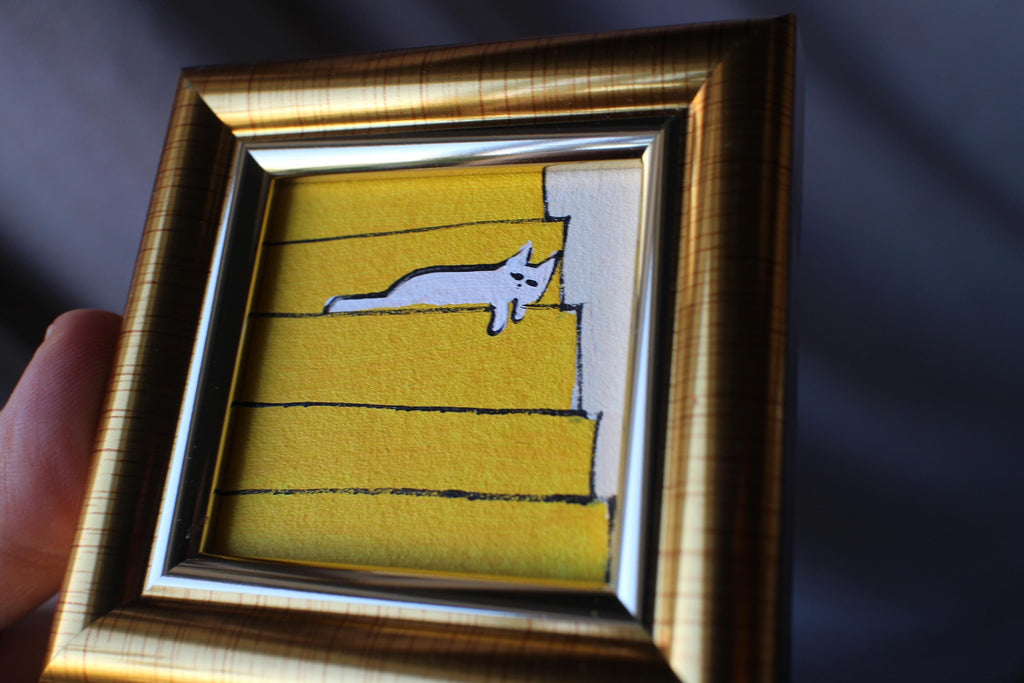 Miniature oil painting white cat sleeping on stairs framed handmade original Art 2x2 in