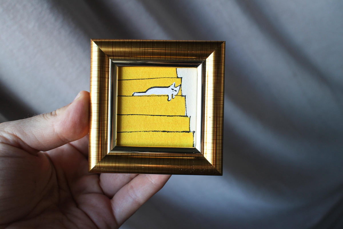 Miniature oil painting white cat sleeping on stairs framed handmade original Art 2x2 in